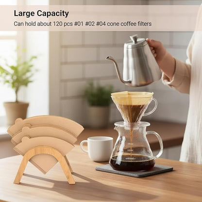 Cone Coffee Filter Holder for Counter, Bamboo Coffee Filter Storage Container, Large Capacity Can Hold 120 Pcs Cone Paper Filters Size #01#02#04