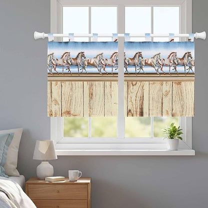 Western Horse Kitchen Curtains 36 Inch Length, Small Window Curtains Tab Top, Farmhouse Wooden Grain Vintage Cowboy Barn Door Light Filtering Short Window Treatments Tier Drapes 27.5"x36" 2 Panel