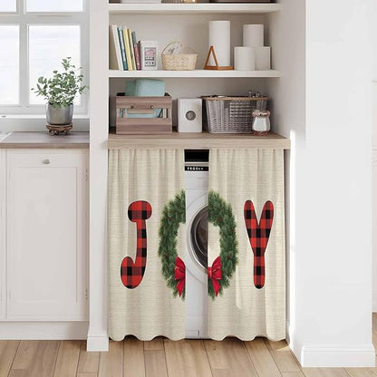 Red Green Christmas Kitchen Curtains 54 Inch Long 2 Panel Set, Rod Pocket Window Curtains Panels, Farmhouse Xmas Botanical Winter Light Filtering Privacy Draperies for Bedroom Laundry 42"W x 54"L
