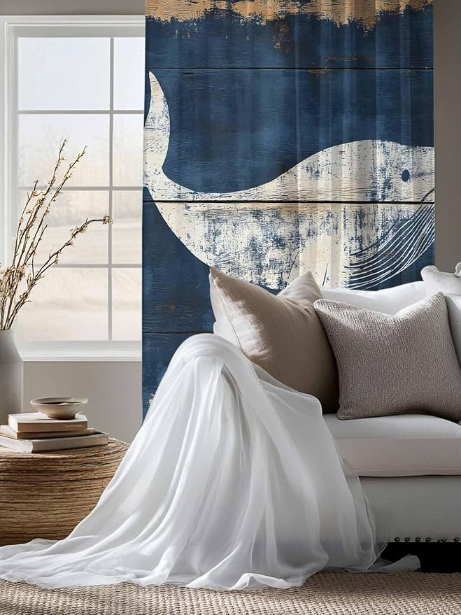 Sheer Curtains 72 Inches Long, Ocean Whale Blue Semi Sheer Curtains Light Filtering Window Treatment, Summer Sea Vintage Wooden Grain Privacy Voile Drapes for Living Room Bedroom 52x72 Inch