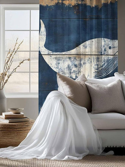 Sheer Curtains 63 Inch Length, Ocean Whale Blue Semi Sheer Curtains Light Filtering Window Treatment, Summer Sea Vintage Wooden Grain Privacy Voile Drapes for Living Room Bedroom 52x63 Inch