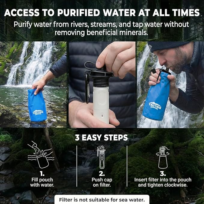 2-Pack Tactiko Survival 20oz/600ml Filtered Water Bottle Kit - Purify 265 Gal. Water from Rivers, Lakes & Streams - SGS Certified - UF Membrane, Activated Carbon - Camping, Emergency (Blk/Blue)