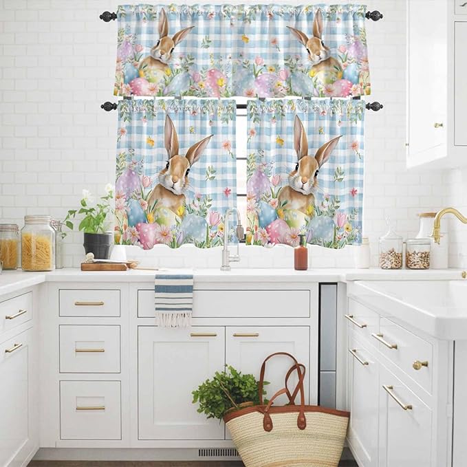 Kitchen Curtains Tiers and Valance Set of 3, Easter Light Filtering Window Curtain Set, Spring Rabbit Eggs Seasonal Flowers Blue Lattice Rod Pocket Curtain Drapes for Living Room, 36 Inches Tiers