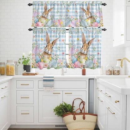 Kitchen Curtains Tiers and Valance Set of 3, Easter Light Filtering Window Curtain Set, Spring Rabbit Eggs Seasonal Flowers Blue Lattice Rod Pocket Curtain Drapes for Living Room, 24 Inches Tiers