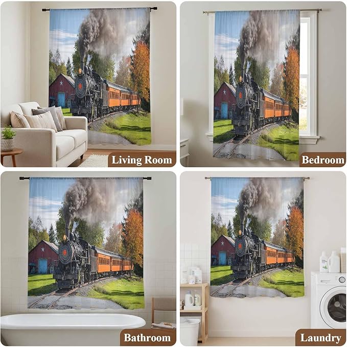 Steam Train Sheer Curtains 108 Inch Length Railroad Country Barn Rustic Trees Farmhouse Chiffon Curtain for Bedroom Living Room Light Filtering Rod Pocket Window Treatments Voile Curtains Drapes