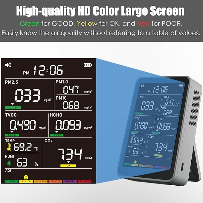 Professional Indoor Air Quality Monitor with AQI, Portable Real-Time Detector for Home Cars Plants and Pets (Gray)