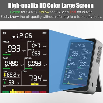 Professional Indoor Air Quality Monitor with AQI, Portable Real-Time Detector for Home Cars Plants and Pets (Gray)