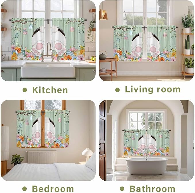 Easter Kitchen Tier Curtains 45 Inch Long 2 Panel Set,Rod Pocket Short Window Treatment,Spring Watercolor Bunny Eggs Wooden Grain Green Light Filtering Curtains & Drapes for Bathroom 27.5"W x 45"L