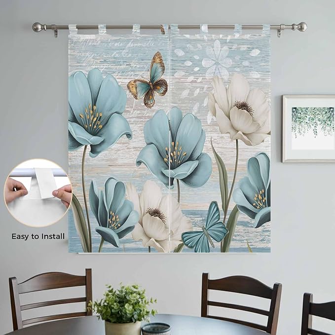 Spring Floral Bathroom Curtains 63 Inch Length, Window Curtains Tab Top, Vintage Tulips Flower Butterfly Retro Wood Blue Light Filtering Window Treatments Drapes 52"x63" 2 Panel