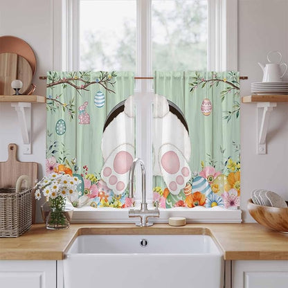 Easter Kitchen Curtains 54 Inch Long 2 Panel Set, Rod Pocket Window Curtains Panels, Spring Watercolor Bunny Eggs Wooden Grain Green Light Filtering Drapery Draperies for Bathroom Bedroom 52"W x 54"L