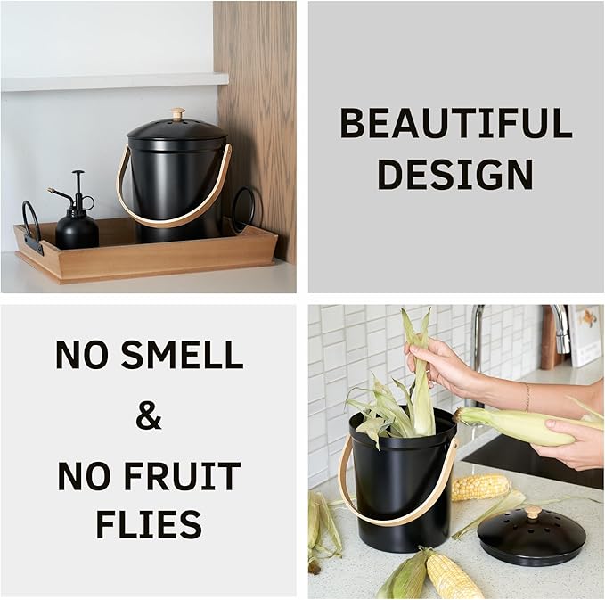 Beautiful Kitchen Compost Bin with Smell Proof Lid - Rust Proof and Odorless Compost Bucket for Your Countertop with No Smell Filters - Easy to Clean 1.1 Gallon Bin Looks Great On Any Kitchen Counter