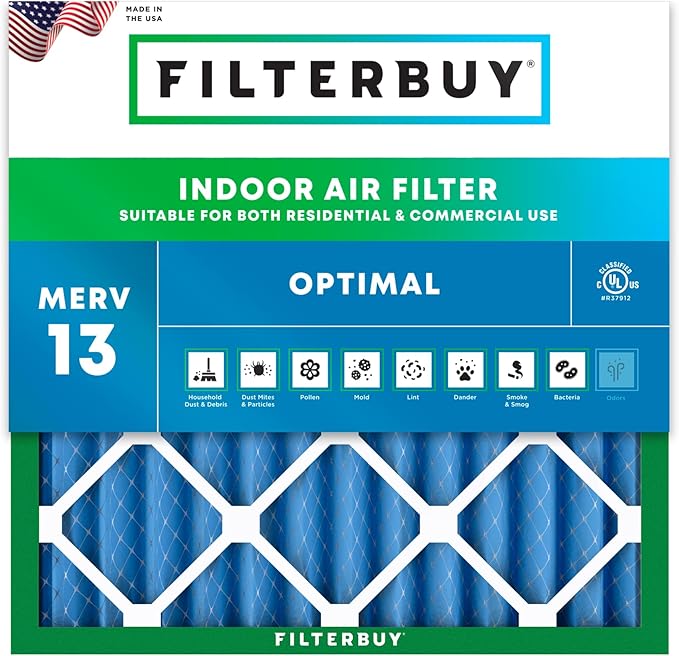 Filterbuy 24x24x2 Air Filter MERV 13 Optimal Smoke & Allergy Defense (1-Pack), Electrostatic Pleated HVAC AC Furnace Filters Replacement, Made in USA (Actual Size: 23.38 x 23.38 x 1.75)