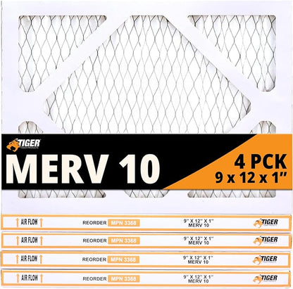 Tiger Tough MERV 10 Air Filters, 9x12x1 – MPR 1000 Pleated HVAC AC Furnace Filter Replacement for Home, Pack of 4