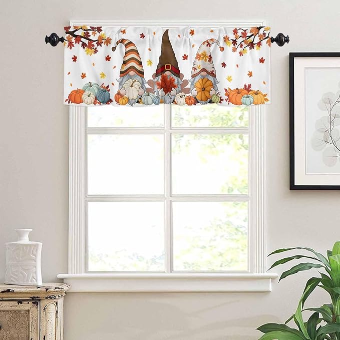 Fall Kitchen Curtain Set, Orange Yellow Thanksgiving Maple Leaf Gnomes Pumpkin Window Valance and Tiers 24" Length, Light Filtering Short Curtains Valance for Cafe Bathroom Bedroom 54"x18"