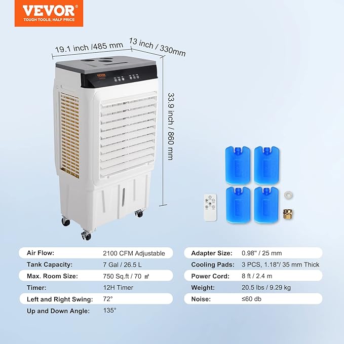 VEVOR Evaporative Air Cooler,2100 CFM 13X34 inch Air Cooler,3 Speeds and 12H Timer Portable Air Conditioner,Energy-Saved Swamp Cooler for party,pool and patio,7 Gal Water Tank & 750 Sq.Ft