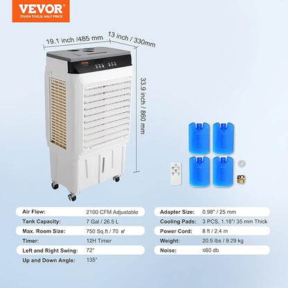 VEVOR Evaporative Air Cooler,2100 CFM 13X34 inch Air Cooler,3 Speeds and 12H Timer Portable Air Conditioner,Energy-Saved Swamp Cooler for party,pool and patio,7 Gal Water Tank & 750 Sq.Ft