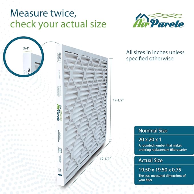 20x20x1 Air Filters | AirPurete AP-3M20201 HVAC AC Furnace Air Filters | Actual Size: 19.50" x 19.50" x 0.75" | MERV 8, MPR 600 (Pack of 6)
