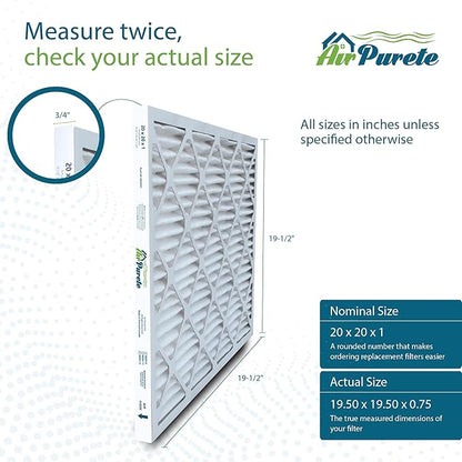 20x20x1 Air Filters | AirPurete AP-3M20201 HVAC AC Furnace Air Filters | Actual Size: 19.50" x 19.50" x 0.75" | MERV 8, MPR 600 (Pack of 6)