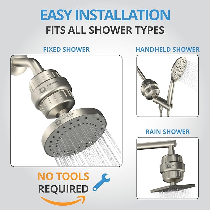 weAQUA Heavy Duty Shower Filter Family 2 PACK – 99% Removal for Hard Water, Chlorine, Fluoride, Heavy Metals, Micro-life, Organics and More (Brushed Nickel)