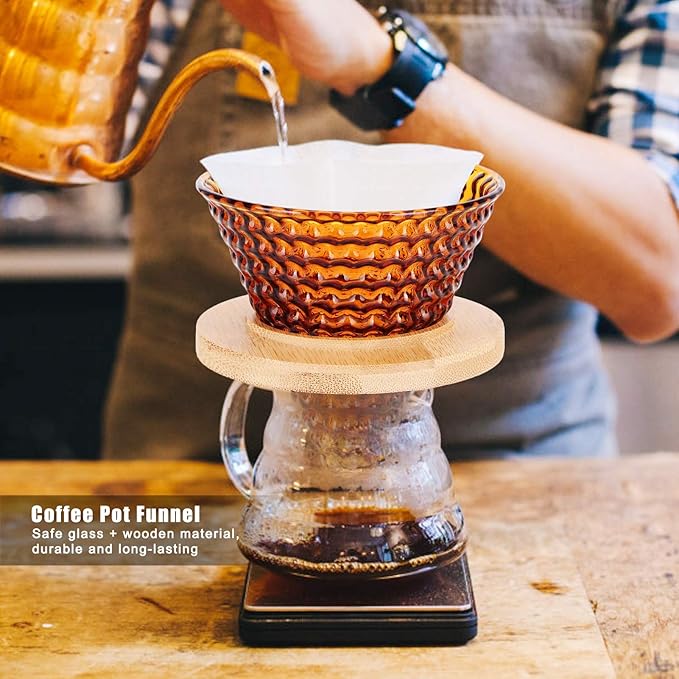 Glass Coffee Dripper, Pour Over Coffee Maker - Reusable Funnel Kettle Brewer Accessory (Brown)