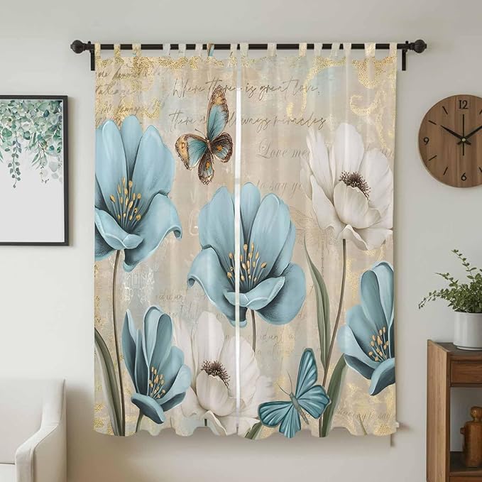 Spring Flowers Living Room Curtains 84 Inch Length, Window Curtains Tab Top, Vintage Rustic Tulips Floral Butterfly Khaki Light Filtering Window Treatments Drapes 52"x84" 2 Panel