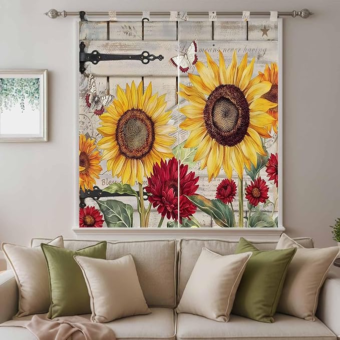 Red Yellow Sunflowers Living Room Curtains 84 Inch Length, Window Curtains Tab Top, Retro Rustic Barn Doors Butterfly Brown Light Filtering Window Treatments Drapes 42"x84" 2 Panel