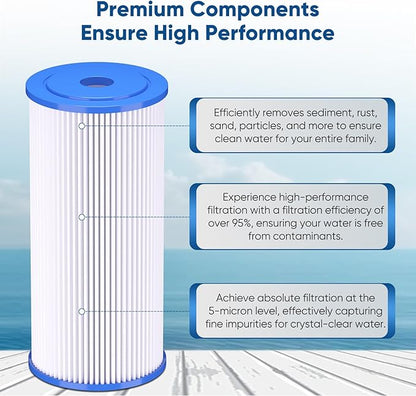 PUREPLUS 5 Micron 10" x 4.5" Whole House Pleated Sediment Filter for Well Water, Replacement Cartridge for GE FXHSC, Culligan R50-BBSA, Pentek R50-BB, DuPont WFHDC3001, W50PEHD, GXWH40L, 4Pack