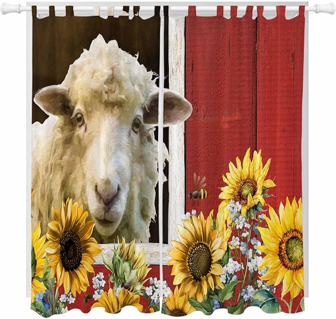 Sheep Flowers Living Room Curtains 84 Inch Length, Window Curtains Tab Top, Country Red Barn Botanical Sunflowers Light Filtering Window Treatments Drapes 52"x84" 2 Panel