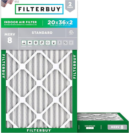 Filterbuy 20x36x2 Air Filter MERV 8 Essential Dust & Allergy Defense (2-Pack), Electrostatic Pleated HVAC AC Furnace Filters Replacement, Made in USA (Actual Size: 19.50 x 35.50 x 1.75)