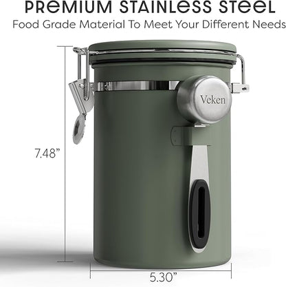 Veken Coffee Canister with Window, Airtight Stainless Steel Kitchen Food Storage Container with Lids, Date Tracker and Scoop for Grounds Coffee, Beans, Tea, Flour, Cereal, Sugar Jars, 22OZ, Green