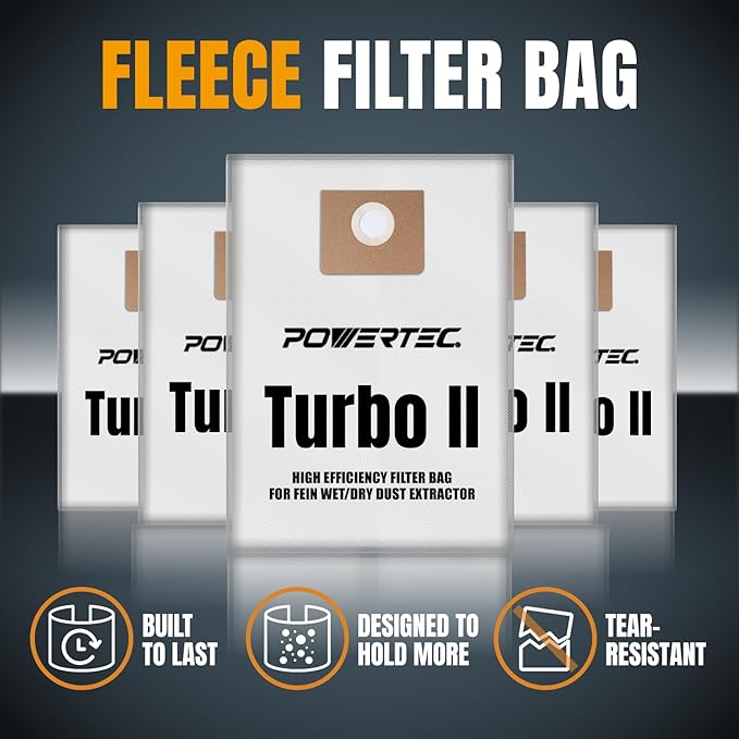 POWERTEC Fleece Filter Bag 5 Pack for Fein Turbo II Dust Extractor, Works for Turbo II & Dustex 35 L Wet/Dry Dust Extractor, Replacement Shop Vac Bags for Fein 31345062010 (75114)