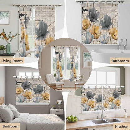 Spring Tulips Flower Living Room Curtains 84 Inch Length, Window Curtains Tab Top, Vintage Floral Barn Doors Rustic Beige Light Filtering Window Treatments Drapes 52"x84" 2 Panel