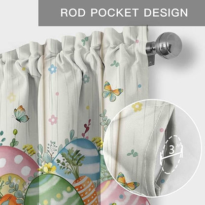 Happy Easter Curtain Valances for Windows, Kitchen Valance Window Treatment, Spring Colorful Eggs Rabbit Ear Feet Flowers Light Filtering Block Curtains for Bathroom/Bedroom/Living Room 42'' x 12''