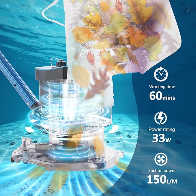 Cordless Rechargeable Pool Leaf Vacuum, Ultra Strong Suction, 3 in 1 Cleaning Solution – Deep, Shallow & Surface Skimmer, for Above Ground Pools & In Ground Pools