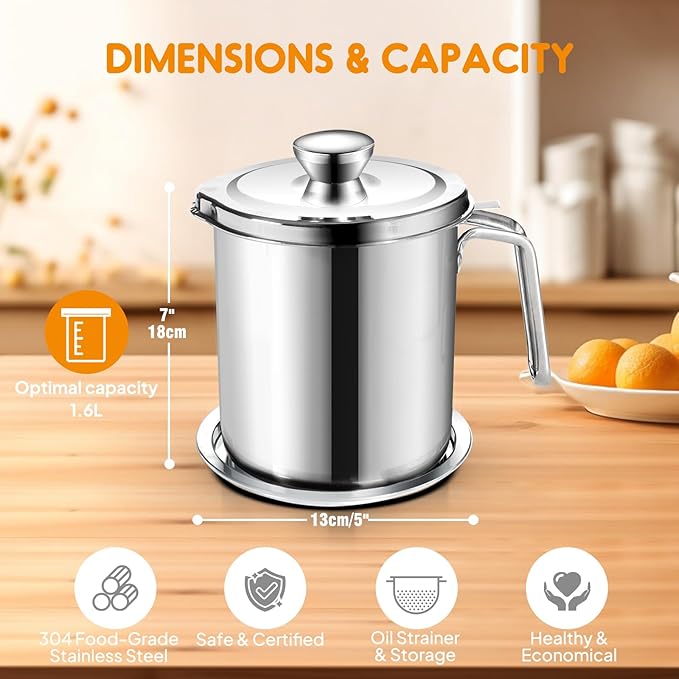 Chihee Grease Container Stainless Steel Bacon Grease Saver with Fine Mesh Strainer 2L / 67.6 fl oz Oil Container Grease Can with Dust-proof Lid Non-slip Tray for Kitchen Storing Frying Cooking Grease