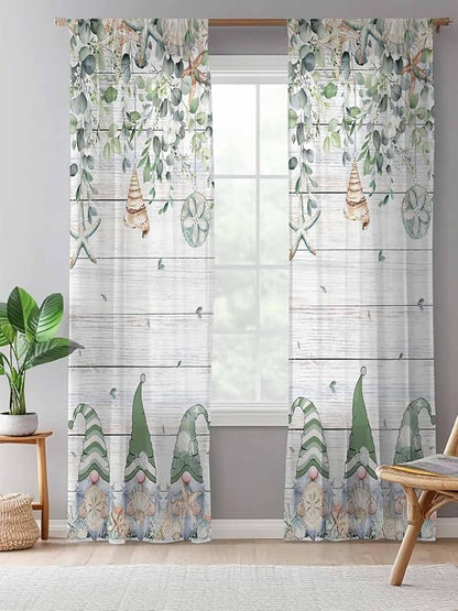 Sheer Curtains 96 Inches Long, Coastal Eucalyptus Leaf Semi Sheer Curtains Light Filtering Window Treatment, Sage Green Gnomes Starfish Privacy Voile Drapes for Living Room Bedroom 52x96 Inch