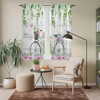 Spring Kitchen Curtains, Bicycles Botanical Rose Leaves Butterfly Wood Grain Light Filtering Window Curtain Panels, 2Pcs Rod Pocket Window Treatments Set for Living Room Bathroom Bedroom 42x63 Inches