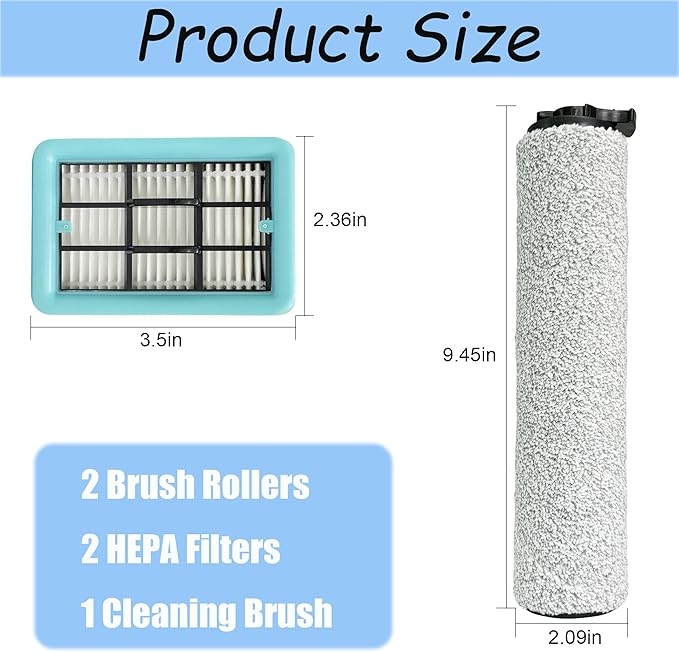 Replacement Brush Rollers and Filters for Bissell CrossWave HF2/3845N/3831 Floor Scrubber Wet-Dry Vacuum Cleaner, 2 Roller Brushs, 2 Filters, 1 Cleaning Brush