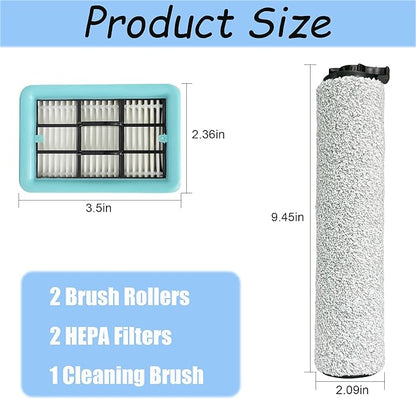 Replacement Brush Rollers and Filters for Bissell CrossWave HF2/3845N/3831 Floor Scrubber Wet-Dry Vacuum Cleaner, 2 Roller Brushs, 2 Filters, 1 Cleaning Brush