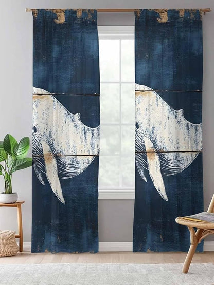 Sheer Curtains 84 Inches Long, Ocean Whale Blue Semi Sheer Curtains Light Filtering Window Treatment, Coastal Vintage Wooden Grain Privacy Voile Drapes for Living Room Bedroom 52x84 Inch