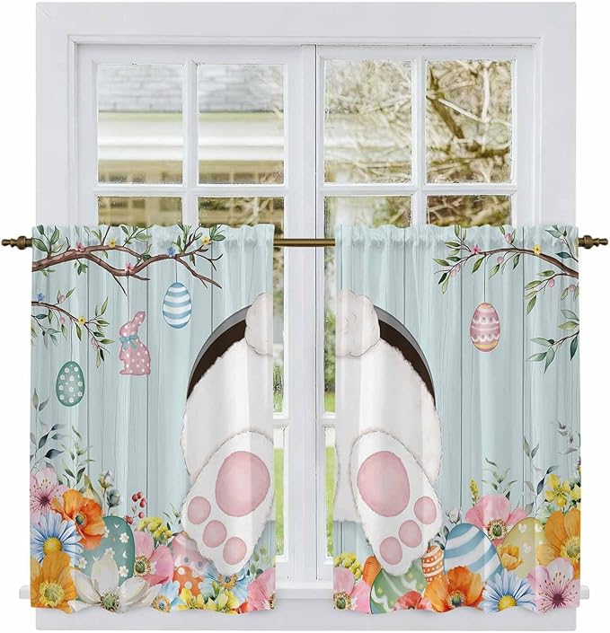 Easter Bunny Kitchen Curtains 54 Inch Long 2 Panel Set,Rod Pocket Window Curtains Panels,Easter Eggs Spring Farmhouse Wood Grain Teal Blue Light Filtering Privacy Draperies for Bedroom 42"W x 54"L