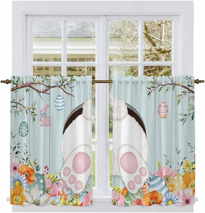 Easter Bunny Kitchen Curtains 54 Inch Long 2 Panel Set,Rod Pocket Window Curtains Panels,Easter Eggs Spring Farmhouse Wood Grain Teal Blue Light Filtering Privacy Draperies for Bedroom 42"W x 54"L