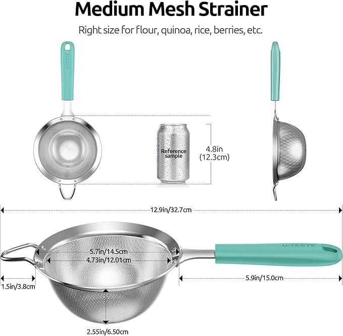 U-Taste Medium Fine Mesh Strainer: 18/8 Stainless Steel 4.73in 30 Mesh Kitchen Food Sieve with Sturdy Riveted Silicone Handle, Heavy Duty Deep Handheld Metal Colander for Rice, Quinoa, Flour(Aqua Sky)