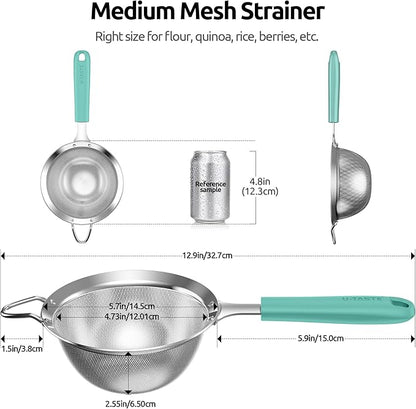 U-Taste Medium Fine Mesh Strainer: 18/8 Stainless Steel 4.73in 30 Mesh Kitchen Food Sieve with Sturdy Riveted Silicone Handle, Heavy Duty Deep Handheld Metal Colander for Rice, Quinoa, Flour(Aqua Sky)