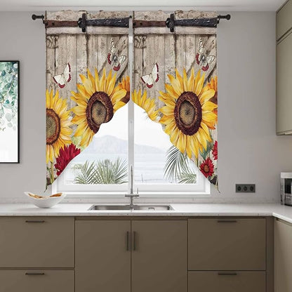Sunflowers Swag Valances for Windows, Retro Flower Barn Doors Butterfly Farmhouse Brown Rod Pocket Kitchen Curtains Valance, Kitchen Window Curtains Swag for Cafe Living Room, 2 Panels, 36x45 inch