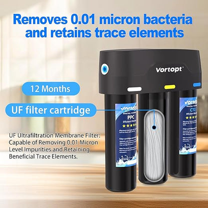 Vortopt Under Sink Water Filter,with PP,UF,and CTO Cartridges for Water Filtration and Drinking Water,F03,Black.