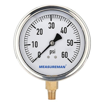 MEASUREMAN 4" Dial Size, Glycerin Filled Plumbing Pressure Gauge, 0-60psi, Stainless Steel Case, 1/4" NPT Lower Mount