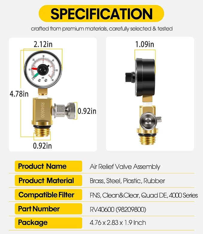 98209800 High Flow Manual Relief Valve/Air Relief Manual Valve Assembly with Pressure Gauge, Replacement for Pool and Spa Filter (RV40600 (98209800 Brass))
