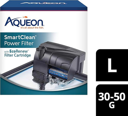 Aqueon SmartClean Power Filter with EcoRenew Filter Cartridge, Quick and Easy Water Changes, Quiet Operation, Adjustable Flow, for 30-50 Gallon Freshwater and Saltwater Aquariums, Large