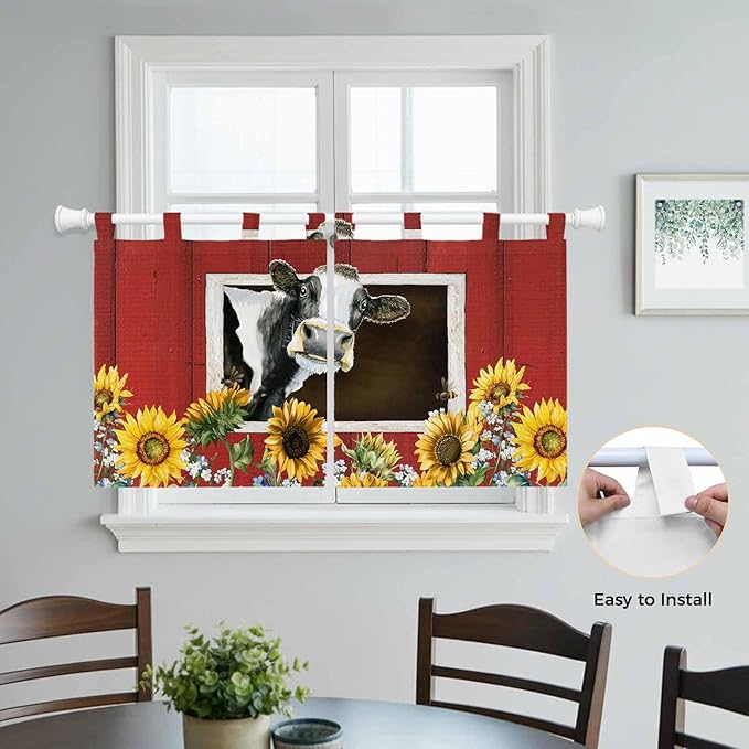 Cows Sunflowers Kitchen Curtains 24 Inch Length, Small Window Curtains Tab Top, Spring Botanical Floral Bees Red Barn Light Filtering Short Window Treatments Tier Drapes 27.5"x24" 2 Panel